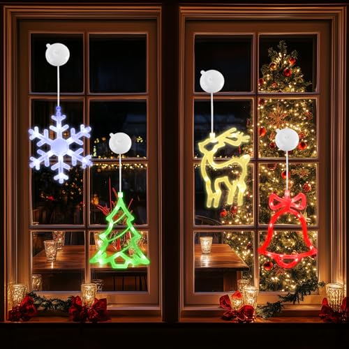 Fensterlichter Weihnachtsdekoration, Weihnachtsfensterlichter mit Saugnäpfen, batteriebetriebene Fenster-hängende Innenlichter, Dekorationen, 4 Packungen von TangFee