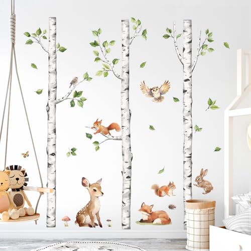 Tanlaby Baum Birke Wandsticker Waldtiere Wandaufkleber Tiere Eule Rehe Füchse Wanddeko für Babyzimmer Spielzimmer Wandbild Kinderzimmer Schlafzimmer Wohnzimmer von Tanlaby