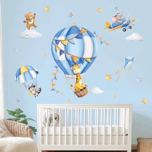 Tanlaby Blau Heißluftballon Wandaufkleber Cartoon Tiere Wandsticker Bär Elefant Giraffe Waschbär Wanddeko für Jungen und Mädchen Babyzimmer Wandbild Kinderzimmer Schlafzimmer Wohnzimmer von Tanlaby