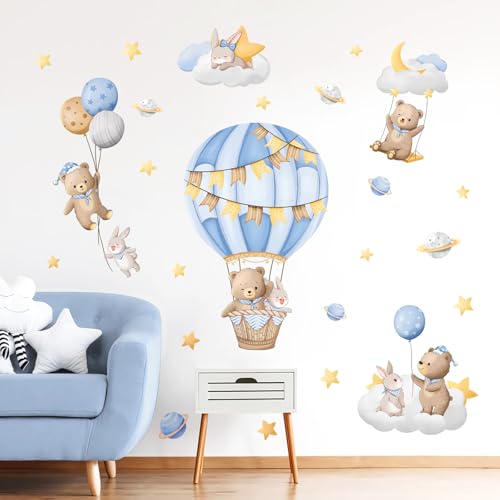 Tanlaby Blauer Heißluftballon Wandaufkleber Bär Wolken Sterne Wandsticker Cartoon Tiere zum Abziehen und Aufkleben Wanddeko für Kinderzimmer Babyzimmer Schlafzimmer von Tanlaby