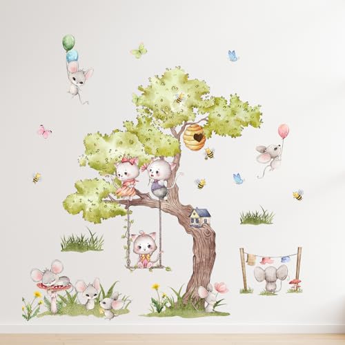 Tanlaby Cartoon Tiere Baum Wandsticker Tierische Maus Wandaufkleber Schaukel Baumhaus Wandaufkleber Selbstklebende Abnehmbare Wandkunst Aufkleber für Kinderzimmer Schlafzimmer Wohnzimmer Sofa Wanddeko von Tanlaby