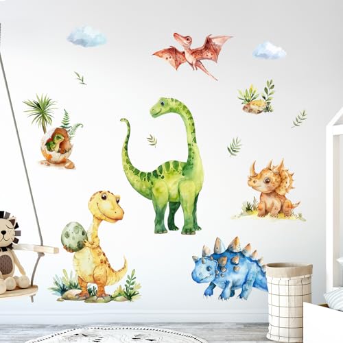 Tanlaby Dinosaurier Groß Wandaufkleber Aquarell Dino Wandsticker Dschungel Tiere Palmen Wanddeko Sticker für Babyzimmer Jungen Kinder Kleinkinder Schlafzimmer Spielzimmer Klassenzimmer von Tanlaby