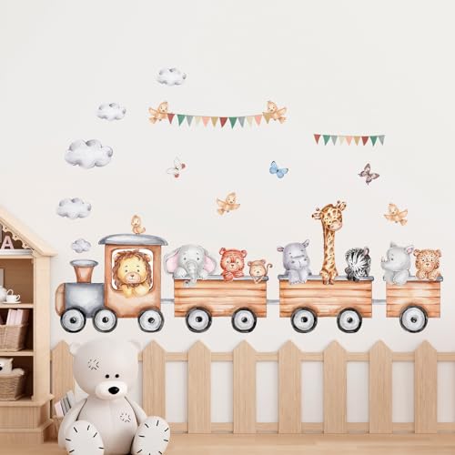 Tanlaby Dschungeltiere auf dem Zug Wandsticker Fox Lion Elephant Giraffe Wandtattoo Cartoon Selbstklebend Wandaufkleber Abnehmbare Wand Kunst Aufkleber für Kinderzimmer Spielzimmer Wanddekoration von Tanlaby