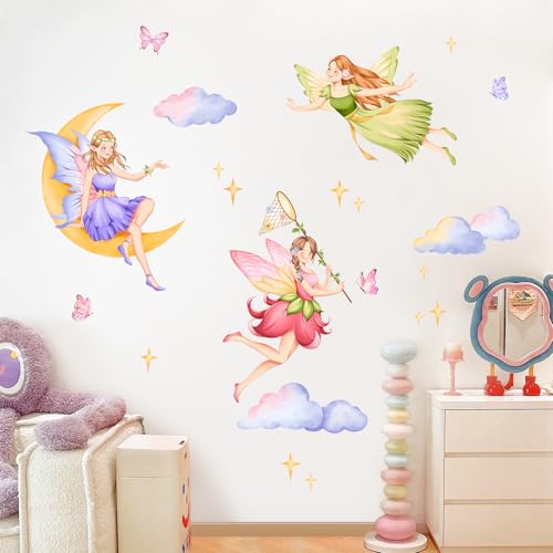 Tanlaby Feen Elfen Wandaufkleber Schmetterling Mädchen Wandsticker Wolken Mond Fee Wanddeko Abnehmbar Wandkunst Aufkleber für Babyzimmer Kinderzimmer Schlafzimmer Wohnzimmer von Tanlaby