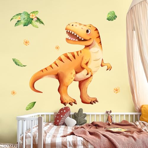 Tanlaby Gelber Dinosaurier Groß Wandaufkleber Aquarell Dino Wandsticker Dschungel Tiere Pflanzen Wanddeko für Jungen und Mädchen Babyzimmer Kinderzimmer Spielzimmer von Tanlaby