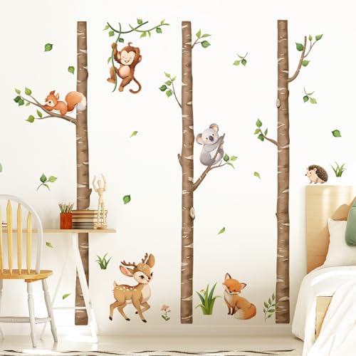 Tanlaby Groß Baum Birke Wandsticker Waldtiere Wandaufkleber Tiere Affen Rehe Füchse Wanddeko für Babyzimmer Spielzimmer Wandbild Kinderzimmer Schlafzimmer Wohnzimmer von Tanlaby