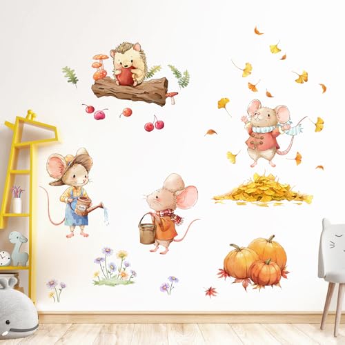 Tanlaby Herbst Tiere Wandaufkleber Maus Igel Ahornblatt Wandsticker Blumen Kürbis Wandtattoo Herbst zum Abziehen und Aufkleben Wanddeko für Kinderzimmer Babyzimmer Wohnzimmer Schlafzimmer Flur von Tanlaby