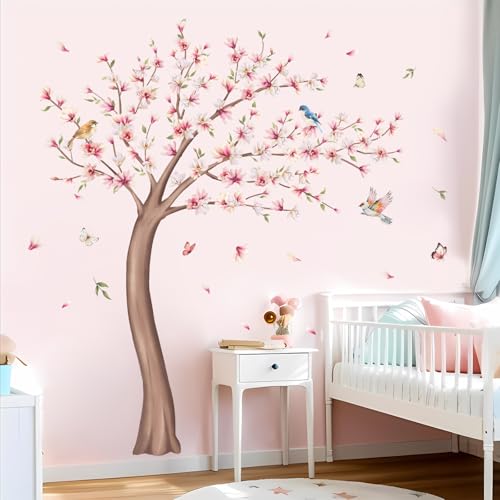 Tanlaby Rosa Blumen Baum Wandsticker Magnolienbaum Wandaufkleber Blumen Vögel auf Ast Wanddeko für Kinderzimmer Mädchen Wohnzimmer Schlafzimmer Sofa Hintergrund von Tanlaby