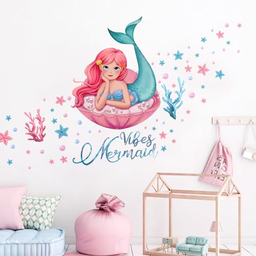 Tanlaby Meerjungfrau Mädchen Wandaufkleber Mädchen und Korallen Wasser Pflanzen Wand Kunst Wandsticker Abnehmbar Selbstklebend Wandaufkleber für Kinderzimmer Baby Wohnzimmer Kinderzimmer Dekoration von Tanlaby