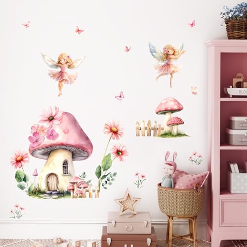 Tanlaby Pilze Feen Wandaufkleber Genie Mädchen Wandsticker Blumen Pilzhaus Schmetterling Wanddeko Abnehmbar Wandkunst Aufkleber für Babyzimmer Kinderzimmer Schlafzimmer Wohnzimmer von Tanlaby