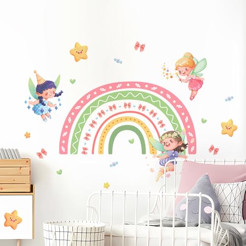 Tanlaby Regenbogen Fee Wandaufkleber Elfe Sterne Wandsticker Wandtattoo zum Abziehen und Aufkleben für Mädchen Schlafzimmer Babyzimmer Kinderzimmer Wanddeko von Tanlaby