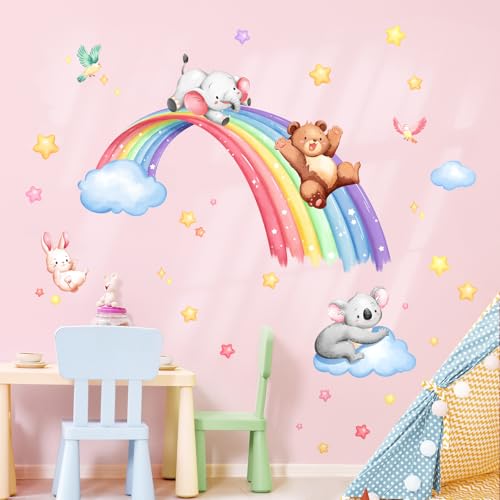 Tanlaby Regenbogen Tiere Wandaufkleber Cartoon Tiere Wandsticker Bär Elefant Koala Kaninchen Wanddeko für Mädchen Babyzimmer Wandbild Kinderzimmer Schlafzimmer Wohnzimmer von Tanlaby