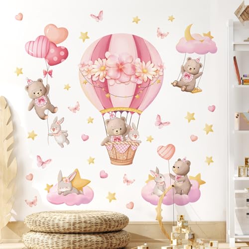 Tanlaby Rosa Heißluftballon Wandaufkleber Bär Kaninchen Sterne Herzen Wandsticker Cartoon Tiere Abziehen und Aufkleben Wanddeko für Kinderzimmer Babyzimmer Schlafzimmer von Tanlaby