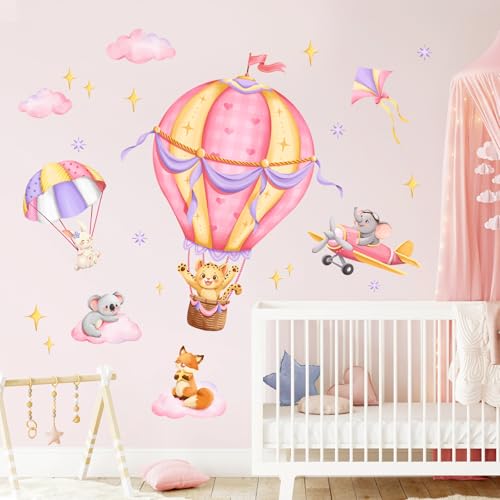 Tanlaby Rosa Heißluftballon Wandaufkleber Cartoon Tiere Wandsticker Leopard Elefant Fuchs Wanddeko für Jungen und Mädchen Babyzimmer Wandbild Kinderzimmer Schlafzimmer Wohnzimmer von Tanlaby