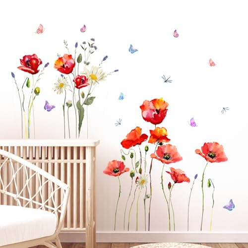 Tanlaby Rote Mohnblumen Wandtattoo, Aquarell Blumen Schmetterling Wandsticker Abziehen und Aufkleben Selbstklebende Abnehmbare Wandaufkleber für Wohnzimmer Schlafzimmer TV Hintergrund Dekoration von Tanlaby