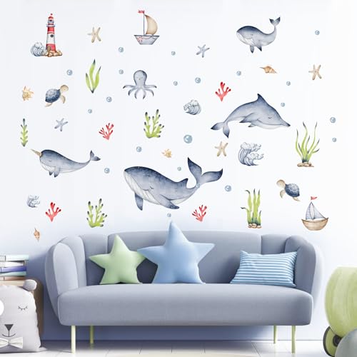 Tanlaby Unter Dem Meer Wandtattoo, Ozean Delfin Seeschildkröte Seetang Leuchtturm Segeln Wandsticker Selbstklebende Abnehmbare Wandaufkleber für Wohnzimmer Schlafzimmer Badezimmer Babyzimmer von Tanlaby