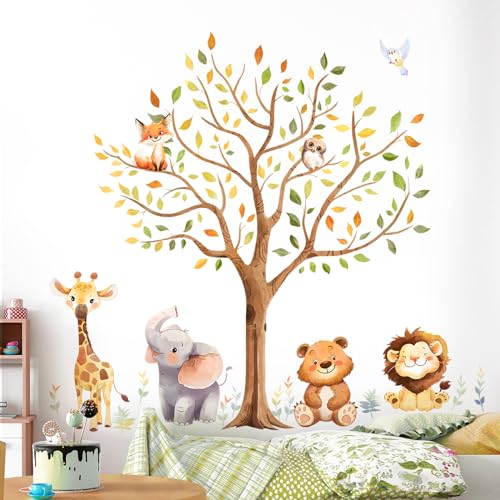 Tanlaby Waldtiere Baum Wandaufkleber Bär Hirsch Fuchs Bäume Wandsticker Cartoon Tiere Wandaufkleber Selbstklebende Abnehmbare Wanddeko für Kinderzimmer Babyzimmer Schlafzimmer von Tanlaby