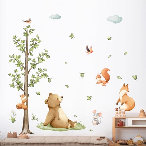 Tanlaby Waldtiere Baum Wandaufkleber Cartoon Tiere Wandsticker Bär Fuchs Eichhörnchen Safari Wanddeko für Babyzimmer Kinderzimmer Schlafzimmer Wohnzimmer von Tanlaby