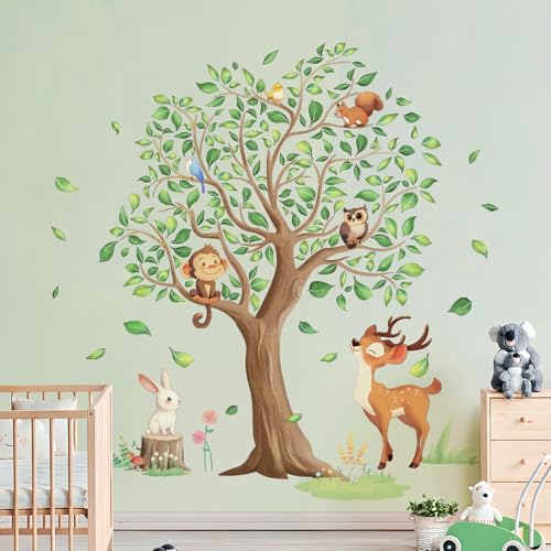 Tanlaby Waldtiere Baum Wandaufkleber Eichhörnchen Rehkitz Affe Eulen Wandsticker Safari Wandsticker Aquarell Tier Baum Wandaufkleber für Kinderzimmer Schlafzimmer Wohnzimmer Flur Wanddeko von Tanlaby