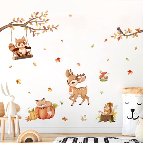 Tanlaby Waldtiere Wandaufkleber Cartoon Tiere Wandsticker Hirsch Waschbär Fuchs Wandtattoo Herbst Wanddeko für Babyzimmer Kinderzimmer Spielzimmer Schlafzimmer von Tanlaby