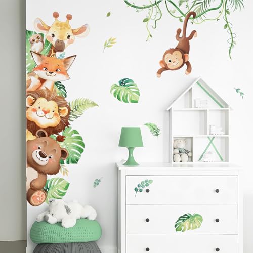 Tanlaby Waldtiere Wandaufkleber Safari Bär Giraffe Löwe Wandsticker Cartoon Tier Wandaufkleber für Kinderzimmer Babyzimmer Schlafzimmer Wohnzimmer Wanddeko von Tanlaby