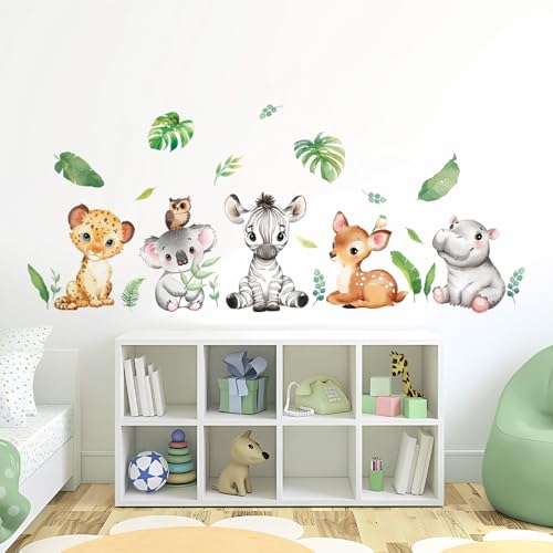 Tanlaby Waldtiere Wandaufkleber Safari Tier Wandsticker Grüne Pflanze Wandtattoo Nilpferd Rehkitz Zebra Wandaufkleber für Kinderzimmer Babyzimmer Schlafzimmer von Tanlaby