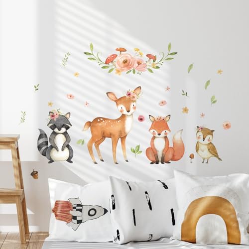 Tanlaby Waldtiere Wandtattoo Karikatur Tier Wandsticker Waschbär Rotwild Fuchs Eule Wandaufkleber für Kinder Babyzimmer Wohnzimmer Schlafzimmer Kinderzimmer Hause Wanddekoration von Tanlaby