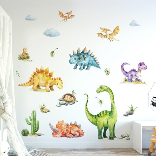 Tanlaby Wandtattoo Dinosaurier Set Wandsticker Dschungel Dino Kaktus Wandaufkleber Aquarell Dino Wanddeko Sticker für Jungen Babyzimmer Kinderzimmer Spielzimmer von Tanlaby