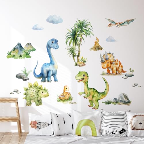 Tanlaby Wandtattoo Dinosaurier Wandaufkleber Dschungel Dino Palme Baum Wandsticker Aquarell Dino Wanddeko Sticker für Jungen Babyzimmer Kinderzimmer Spielzimmer von Tanlaby