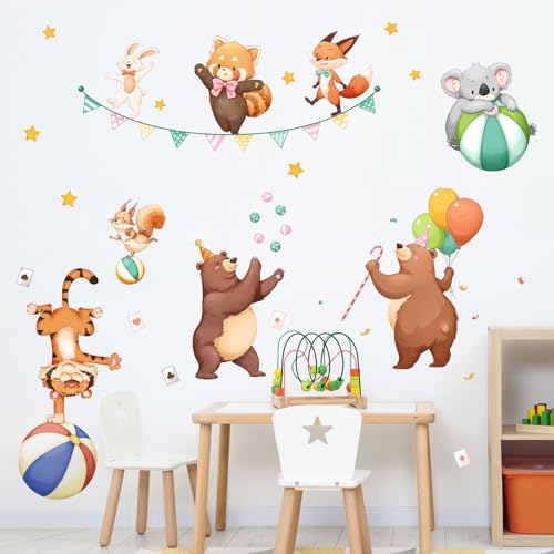 Tanlaby Zirkustieren Wandaufkleber Dschungel Aquarell Tiere Wandsticker Bär Koala Tiger Fuchs Akrobatik Show Wanddeko für Babyzimmer Kinderzimmer Schlafzimmer Wohnzimmer von Tanlaby