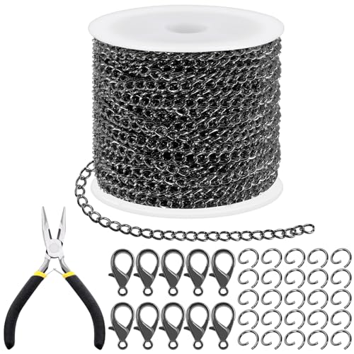 Tanstic 102Pcs 30 Fuß Schmuck machen Ketten Halskette Ketten Bulk Kabel Link Kette mit 50Pcs Jump Rings, 50Pcs Hummer Klammern, Zangen für Armband Halskette machen (Gun Black) von Tanstic