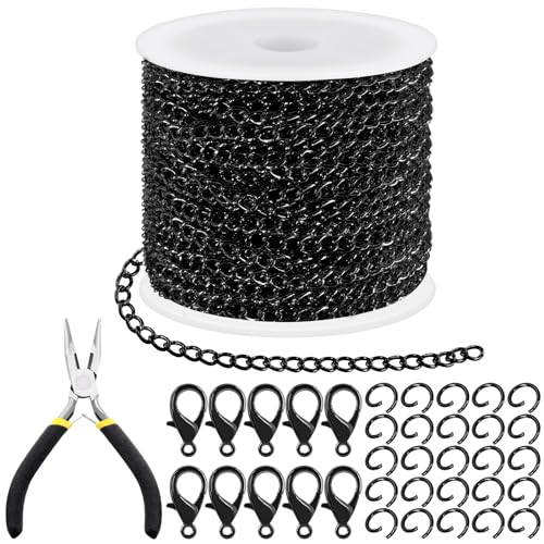 Tanstic 102Pcs 30 Fuß Schmuck machen Ketten Halskette Ketten Bulk Kabel Link Kette mit 50Pcs Jump Rings, 50Pcs Hummer Klammern, Zangen für Armband Halskette machen (schwarz) von Tanstic