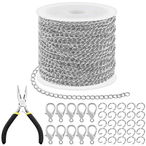 Tanstic 102Pcs 30 Fuß Schmuck machen Ketten Halskette Ketten Bulk Kabel Link Kette mit 50Pcs Jump Rings, 50Pcs Hummer Klammern, Zangen für Armband Halskette machen (weiß) von Tanstic