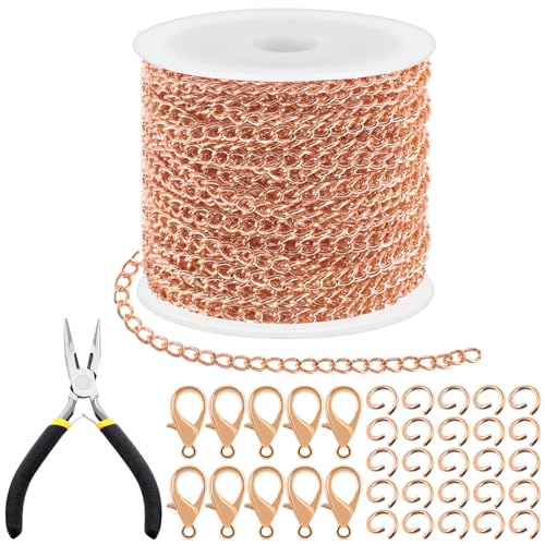 Tanstic 102Pcs 30 Fuß Schmuck machen Ketten Halskette Ketten Bulk Kabel Link Kette mit 50Pcs Jump Rings, 50Pcs Hummer Verschlüsse, Zangen für Armband Halskette machen (Rose Gold) von Tanstic