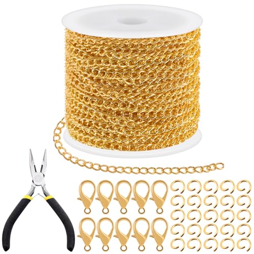 Tanstic 102Pcs 30 Fuß Schmuckherstellung Ketten Halskette Ketten Bulk Kabel Link Kette mit 50Pcs Jump Rings, 50Pcs Lobster Clasps, Zangen für Armband Halskette Making (Gold) von Tanstic