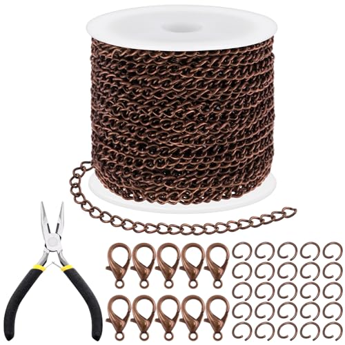 Tanstic 102Pcs 30 Fuß Schmuckherstellung Ketten Halskette Ketten Bulk Kabel Link Kette mit 50Pcs Jump Rings, 50Pcs Lobster Clasps, Zangen für Armband Halskette Making (Kupfer) von Tanstic