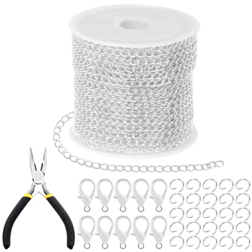 Tanstic 102Pcs 30 Fuß Schmuckherstellung Ketten Halskette Ketten Bulk Kabel Link Kette mit 50Pcs Jump Rings, 50Pcs Lobster Clasps, Zangen für Armband Halskette Making (Silber) von Tanstic