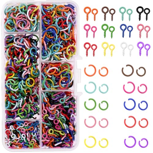 Tanstic 1200Pcs Colorful Mini Screw Eye Pins with Open Jump Rings Assortment Kit, 4x8mm/5x10mm Small Metal Eye Pins Hooks Eyelet Threaded, 8mm/10mm Jump Rings for Jewelry Making von Tanstic