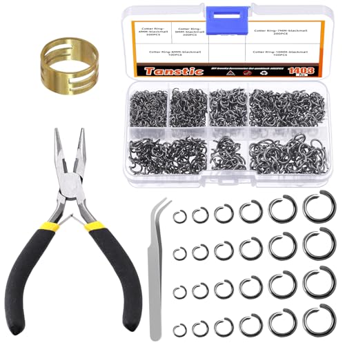 Tanstic 1403 Pcs Black Open Jump Rings Kit, 4mm, 5mm, 6mm, 7mm, 8mm, 10mm - Jewelry Making Set mit Jump Ring Opener, Pliers und Tweezer von Tanstic