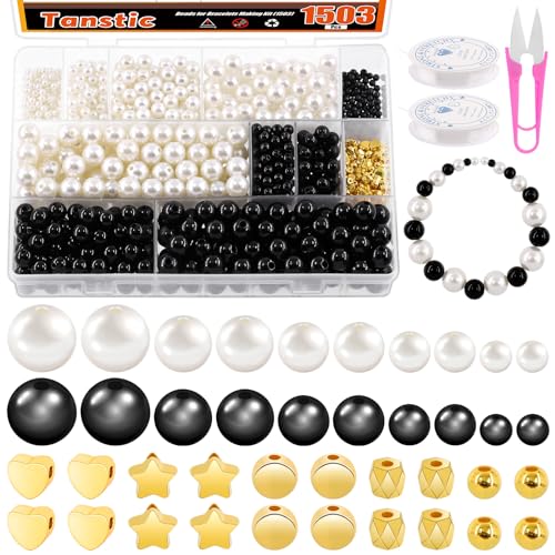 Tanstic 1503Pcs Pearl Beads Kit, 4mm 6mm 8mm 10mm 12mm White Black Round Pearl Beads with Gold Spacer Beads, Pearl Beads for Jewelry Making DIY Pearls Bracelet Kit for Kids Adults von Tanstic