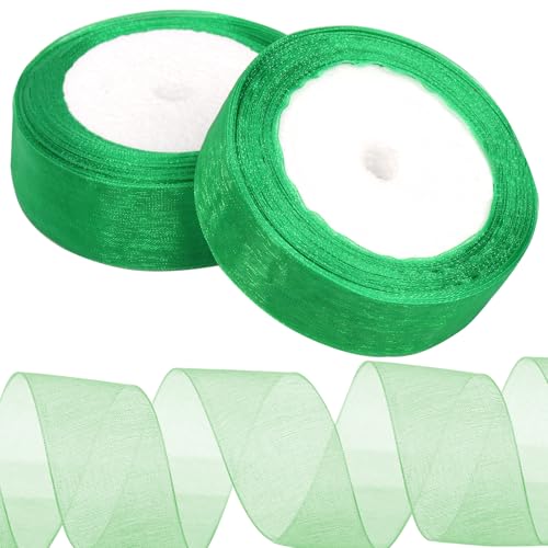 Tanstic 2Pcs 25 Yards x 1 Inch Green Organza Band Chiffon Band Transparent Bänder Transparent Chiffon Band Transparent Organza Band für Geschenkverpackung, Bouquet von Tanstic