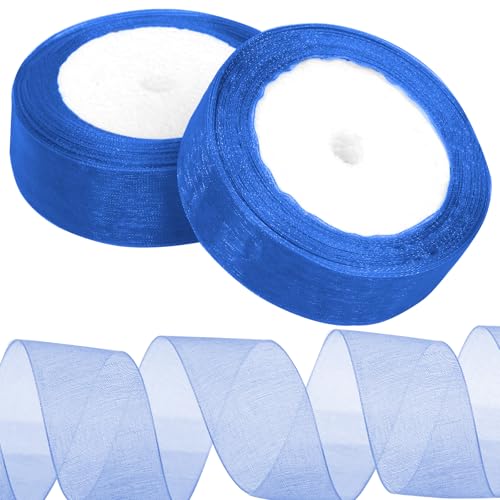 Tanstic 2Pcs 25 Yards x 1 Zoll Royal Blue Organza Band Chiffon Band Transparent Bänder Transparent Chiffon Band Transparent Organza Band für Geschenkverpackung, Bouquet von Tanstic