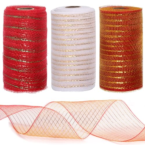 Tanstic 3 Rolls Mesh Ribbon, Christmas Deco Mesh Metallic Foil White Red Green Mesh Ribbon Rolls for Wreaths, Gift Wrapping, Party Decorations (6 Inch x 10 Yards Per Roll) von Tanstic