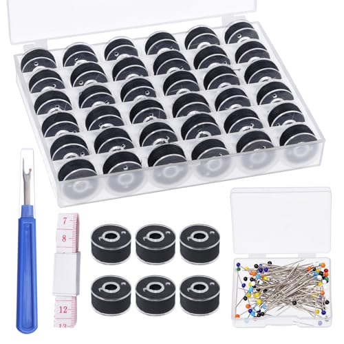 Tanstic 36Pcs Black Prewound Bobbins, Size A Prewound Bobbin Thread with Bobbin Case, 100Pcs Sewing Pins, Seam Ripper, Ruler for Embroidery and Sewing Machines von Tanstic