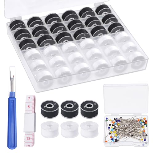 Tanstic 36Pcs White & Black Prewound Bobbins, Size A Prewound Bobbin Thread with Bobbin Case, 100Pcs Sewing Pins, Seam Ripper, Ruler for Embroidery and Sewing Machines von Tanstic