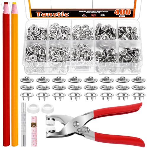 Tanstic 407Pcs (100-Sätze) Druckknöpfe mit Befestigungszange Press Tool Kit, 9.5mm Silber Metall Snap Fasteners mit Befestigungszange, Punch, Weiche Lineal, Peel-Off China Marker zum Nähen (Hohl) von Tanstic