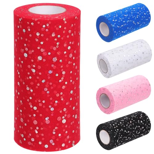 Tanstic 6 Zoll x 50 Yards (150 Fuß) Glitter Tulle Rollen Pailletten Tüll Stoff Glitter Tulle Stoffrollen für Hochzeit Geburtstag Geschenkverpackung (rot) von Tanstic