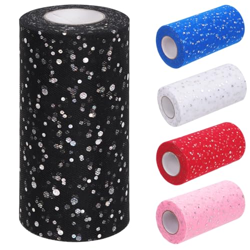 Tanstic 6 Zoll x 50 Yards (150 Fuß) Glitter Tulle Rollen Pailletten Tüll Stoff Glitter Tulle Stoffrollen für Hochzeit Geburtstag Geschenkverpackung (schwarz) von Tanstic