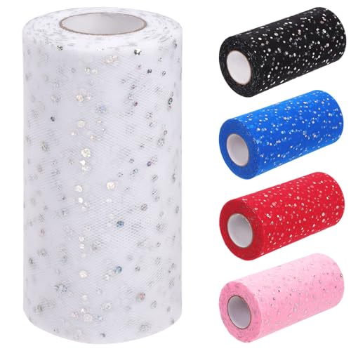 Tanstic 6 Zoll x 50 Yards (150 Fuß) Glitter Tulle Rollen Pailletten Tüll Stoff Glitter Tulle Stoffrollen für Hochzeit Geburtstag Geschenkverpackung (weiß) von Tanstic