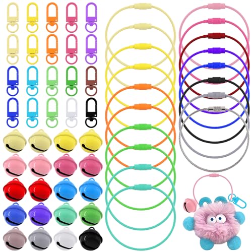 Tanstic 60Pcs Steel Wire Keychain and Lobster Claw Clasps and Jingle Bells Kit, 0.06” x 5.9" Stainless Steel Wire Key Rings, 0.86" Metal Craft Bells, 1.29" Swivel Lanyards Snap Hooks for Keys von Tanstic